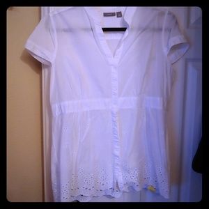 White button down top with eyelet trim